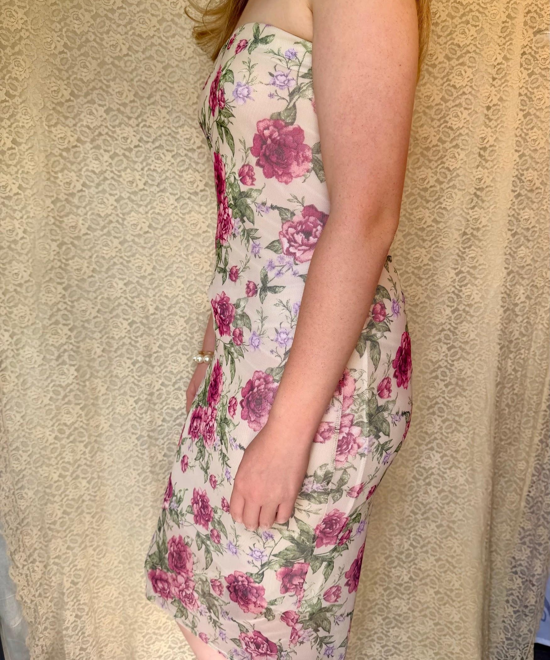 Y2K Romantic Rose Print Strapless Dress