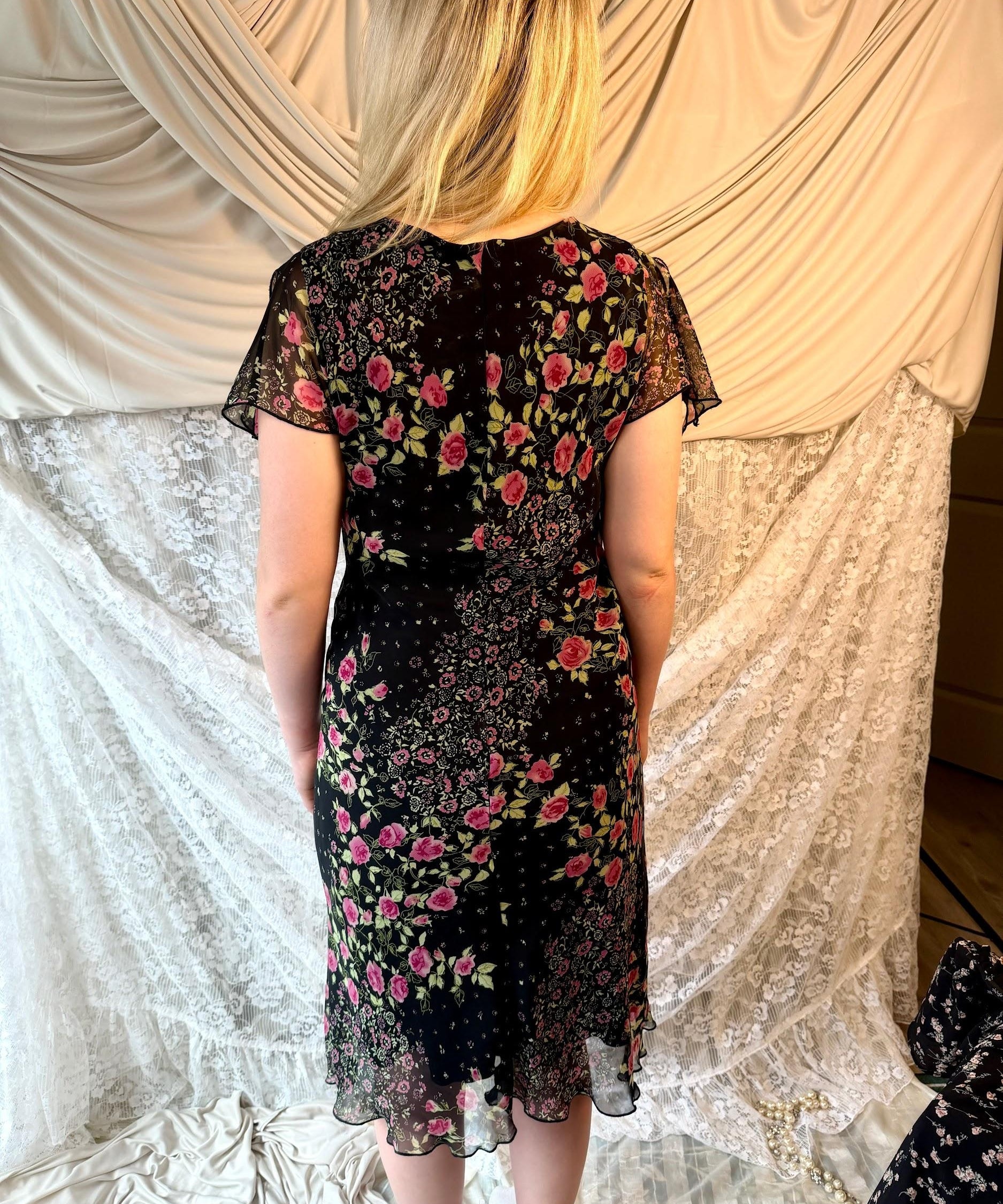 Y2K Dress Barn Rose Print Chiffon Midi Dress